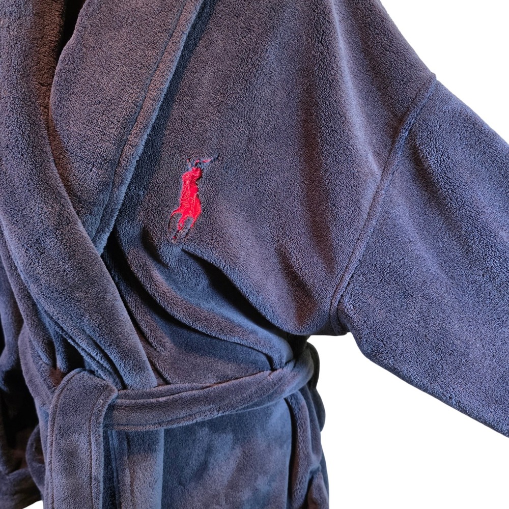 Polo Ralph Lauren Shawl Collar Navy Blue Fleece Robe Unisex One Size Plush - Picture 2 of 7